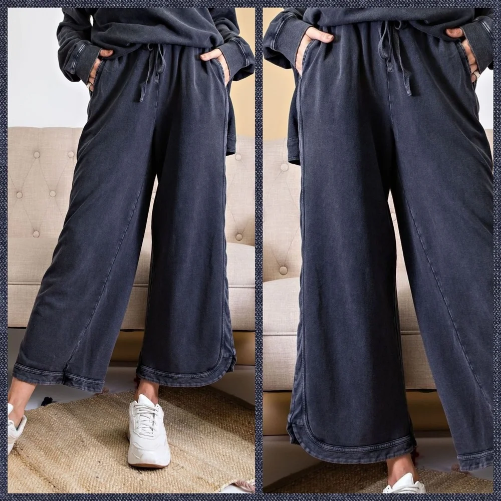 EASEL "So Comfy" Mineral Washed Pants Cotton Terry Side Leg Detail Elastic Waist - Picture 11 of 16